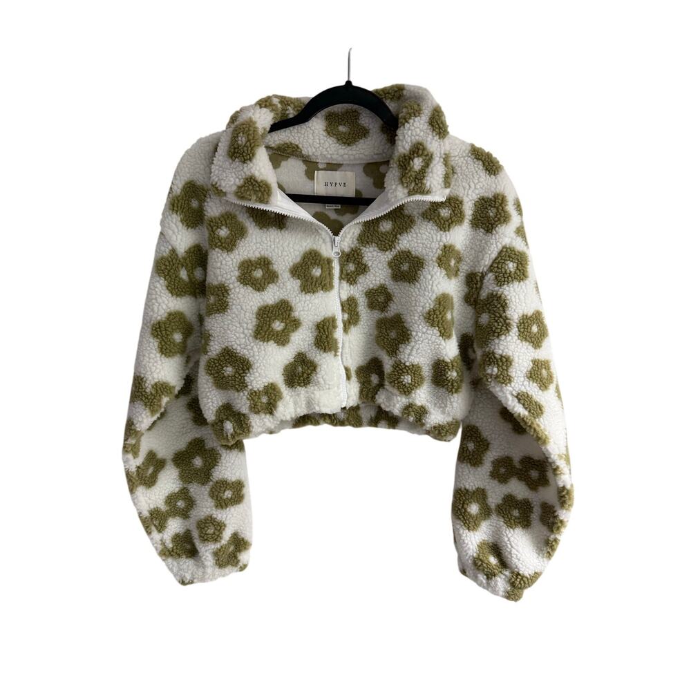 HYFVE Floral Sherpa Fleece Cropped Jacket Zip Up Teddy Coat Size Small